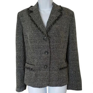 Norton McNaughton Black White Tweed Fringed Single Breasted Blazer Like New 14